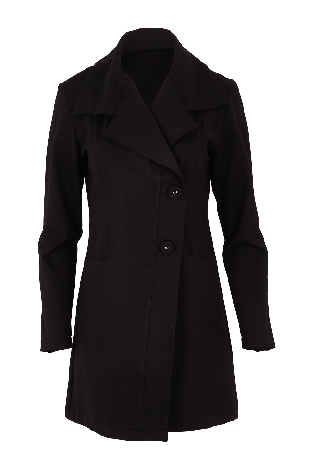 Product shot of The Ponte Longline Collar Jacket in colour Black (Black), from the front