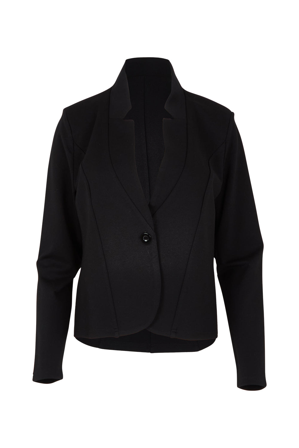 Product shot of The Reverse Lapel Ponte Blazer in colour Jetblack (Black), from the front