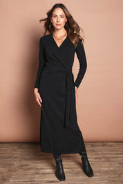 The Tie Waist Faux Wrap Knit Dress – Black