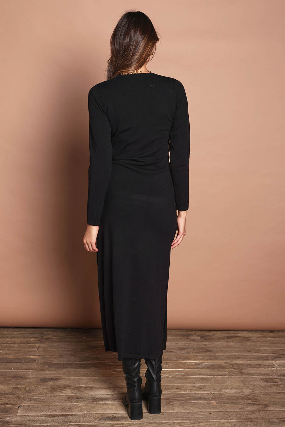 The Tie Waist Faux Wrap Knit Dress – Black