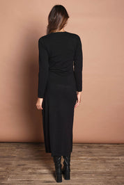 The Tie Waist Faux Wrap Knit Dress – Black