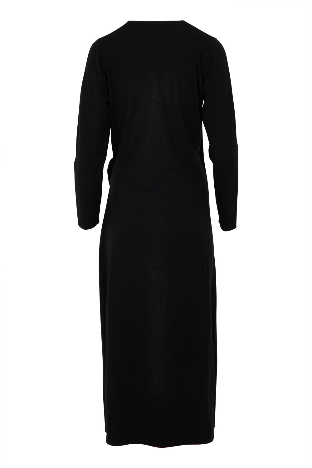 Product shot of The Tie Waist Faux Wrap Knit Dress in colour Black (Black), from the back