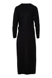 Product shot of The Tie Waist Faux Wrap Knit Dress in colour Black (Black), from the back