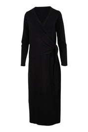 Product shot of The Tie Waist Faux Wrap Knit Dress in colour Black (Black), from the front