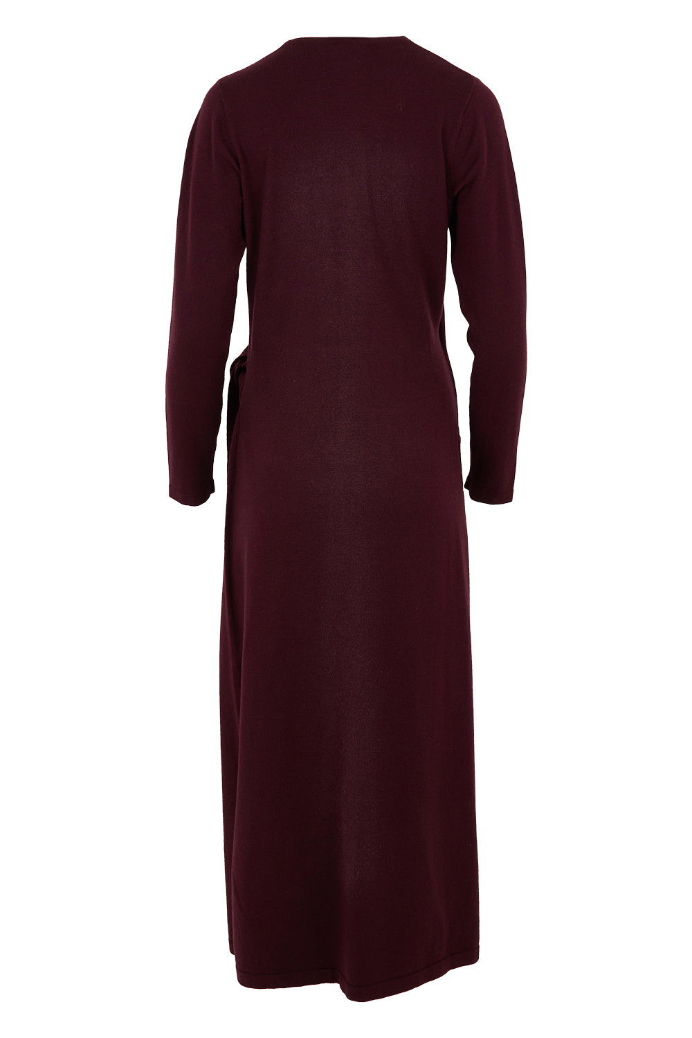 Product shot of The Tie Waist Faux Wrap Knit Dress in colour Burntplum (Purple), from the back