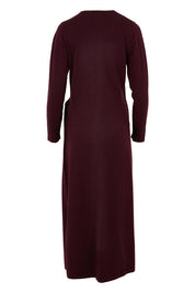 Product shot of The Tie Waist Faux Wrap Knit Dress in colour Burntplum (Purple), from the back