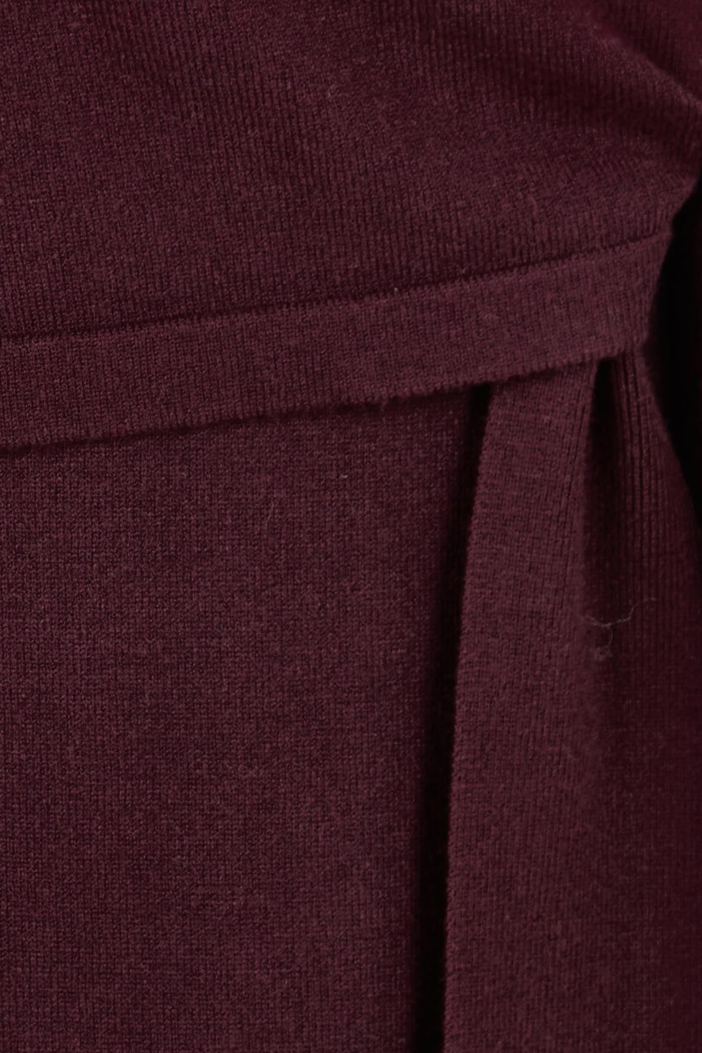 Product shot of The Tie Waist Faux Wrap Knit Dress in colour Burntplum (Purple), detail