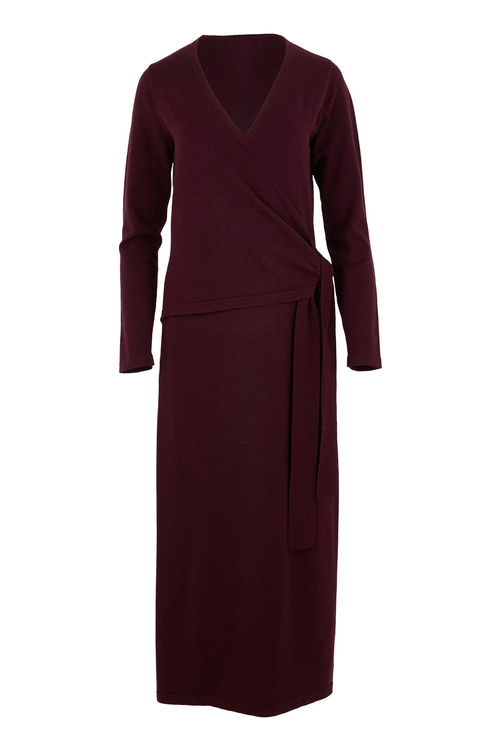 Product shot of The Tie Waist Faux Wrap Knit Dress in colour Burntplum (Purple), from the front