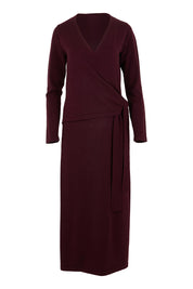 Product shot of The Tie Waist Faux Wrap Knit Dress in colour Burntplum (Purple), from the front