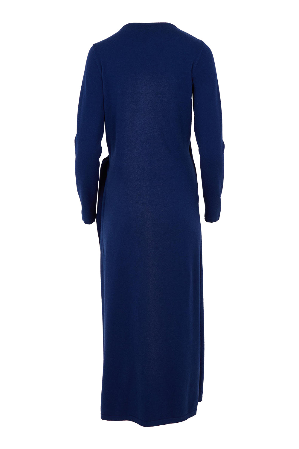 Product shot of The Tie Waist Faux Wrap Knit Dress in colour Navyblue (Blue), from the back