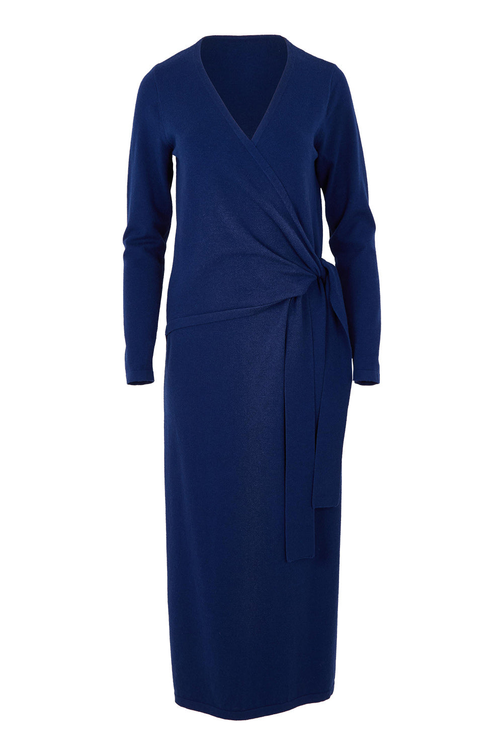 Product shot of The Tie Waist Faux Wrap Knit Dress in colour Navyblue (Blue), from the front