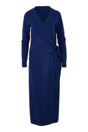 Product shot of The Tie Waist Faux Wrap Knit Dress in colour Navyblue (Blue), from the front