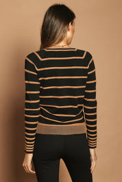 Model Madeline wearing size S of The Stripe Faux Wrap Jumper in colour Blacktan (Black), from the back