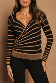 Model Madeline wearing size S of The Stripe Faux Wrap Jumper in colour Blacktan (Black), from the front, cropped image