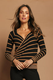 Model Madeline wearing size S of The Stripe Faux Wrap Jumper in colour Blacktan (Black), from the front, showing the whole outfit