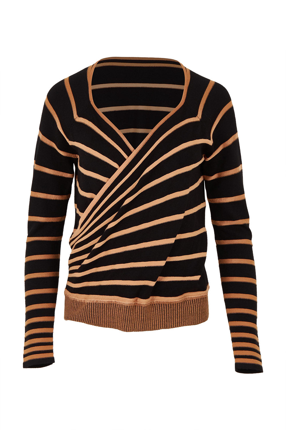 Product shot of The Stripe Faux Wrap Jumper in colour Blacktan (Black), from the front