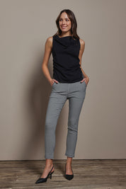 Model Madeline wearing size 10 of The Cotton Blend Ruched Waist Top in colour Black (Black), from the front, showing the whole outfit