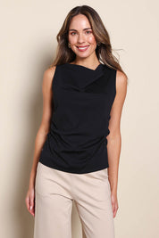 Model Madelinec wearing size 10 of the The Cotton Blend Ruched Waist Top - Black in colour Black, in a cropped view