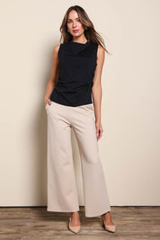 Model Madelinec wearing size 10 of the The Cotton Blend Ruched Waist Top - Black in colour Black, from the front