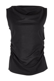 Product shot of The Cotton Blend Ruched Waist Top in colour Black (Black), from the front