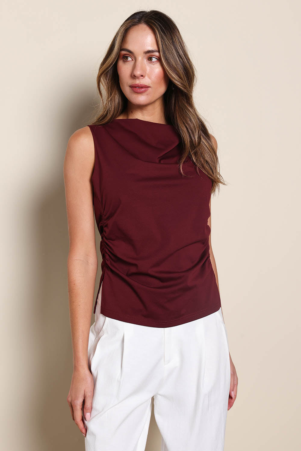 Model Madelinec wearing size 10 of the The Cotton Blend Ruched Waist Top - Darkmaroon in colour Darkmaroon, in a cropped view