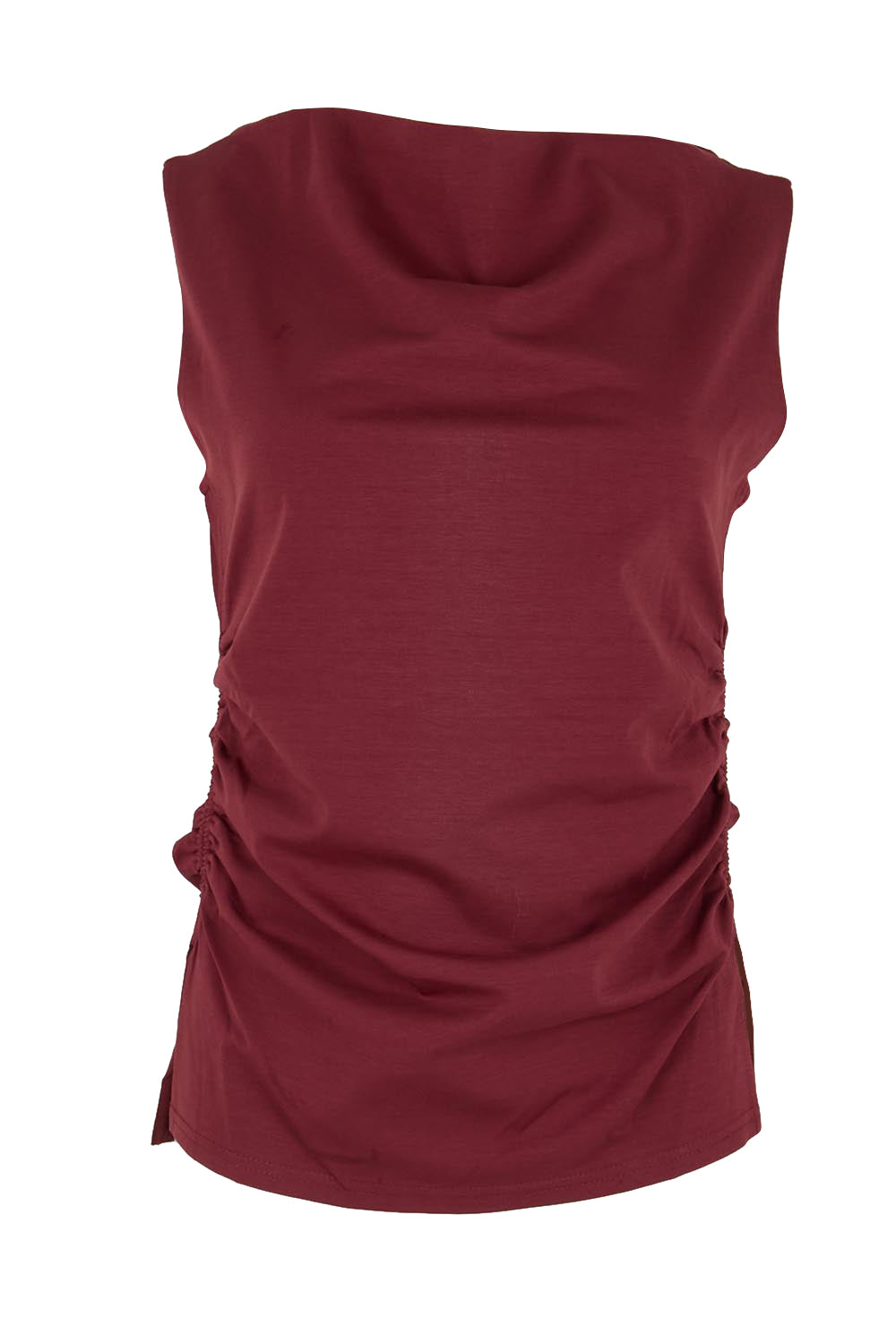 Product shot of the The Cotton Blend Ruched Waist Top - Darkmaroon in colour Darkmaroon, from the front