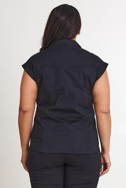 Model Ashleigh wearing size 16 of The Cap Sleeve Cotton Stretch Shirt in colour Black (Black), from the back
