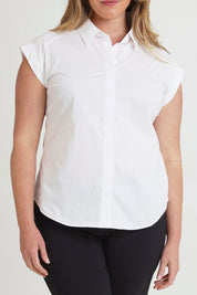 Model Chanel wearing size 16 of The Cap Sleeve Cotton Stretch Shirt in colour White (White), from the front, cropped image