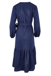Product shot of The Cotton Wrap Dress With Frill Detail in colour Navyblue (Blue), from the back