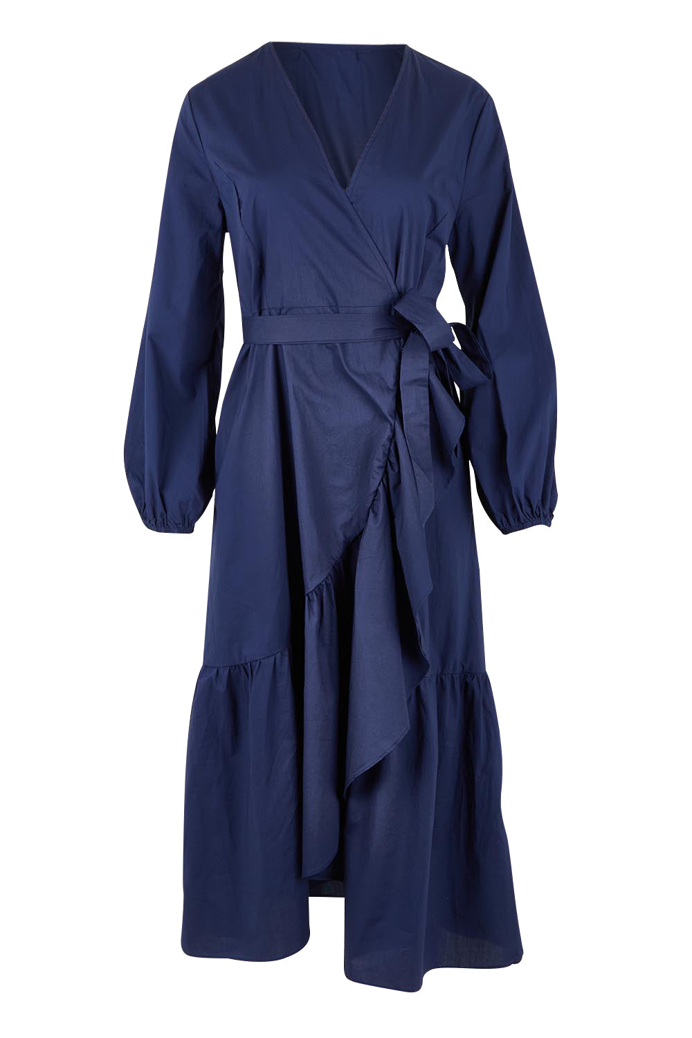 Product shot of The Cotton Wrap Dress With Frill Detail in colour Navyblue (Blue), from the front