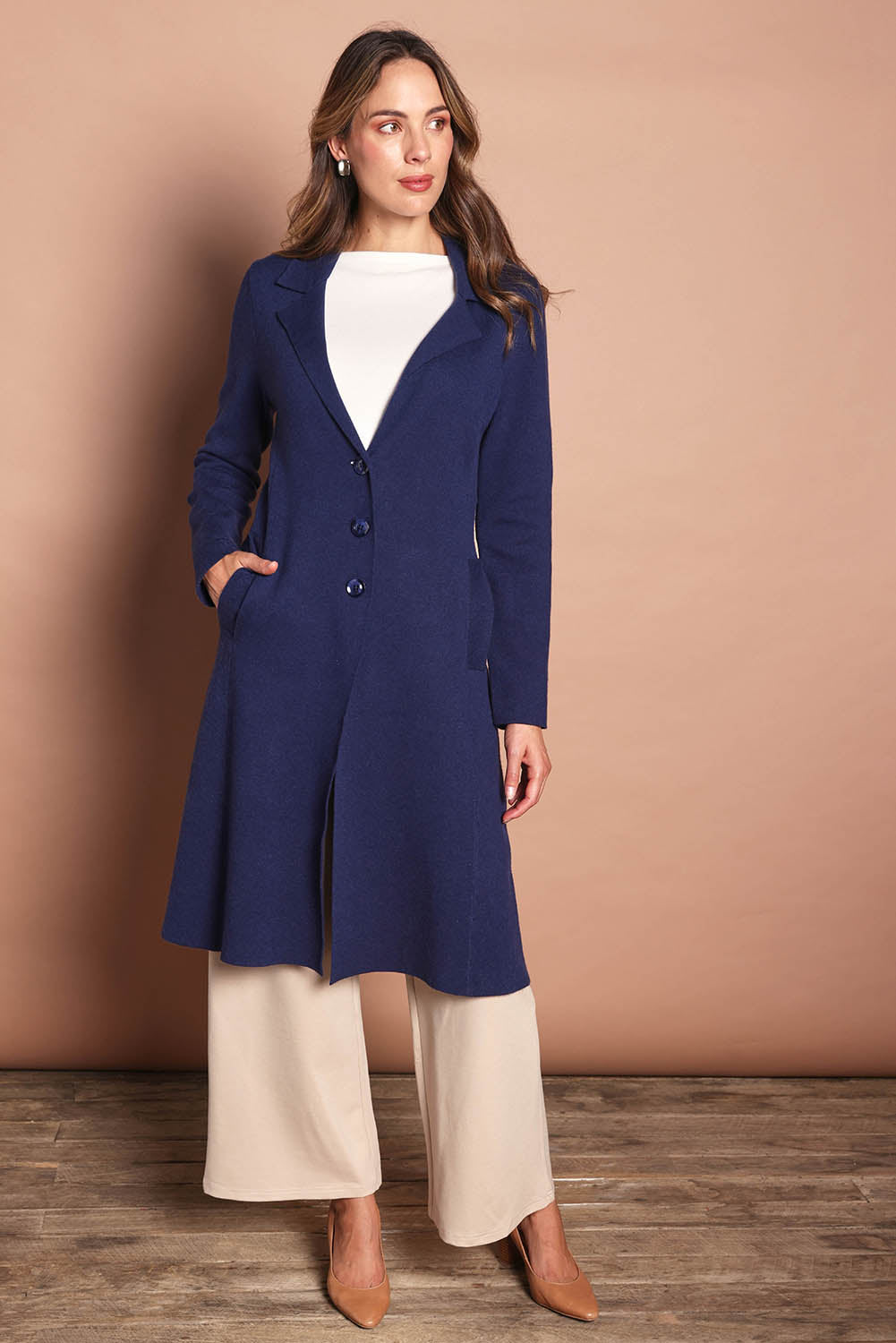 Longline Coatigan With Snow Knit & Sand Pants