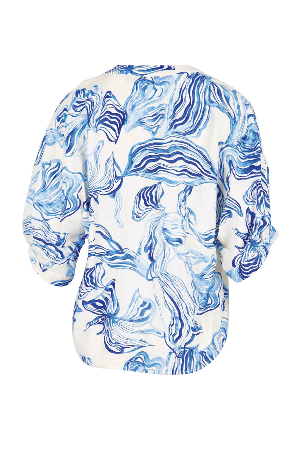 Product shot of the The Dolman Sleeve Button Up Shirt – Bluemarble in colour Bluemarble, from the back