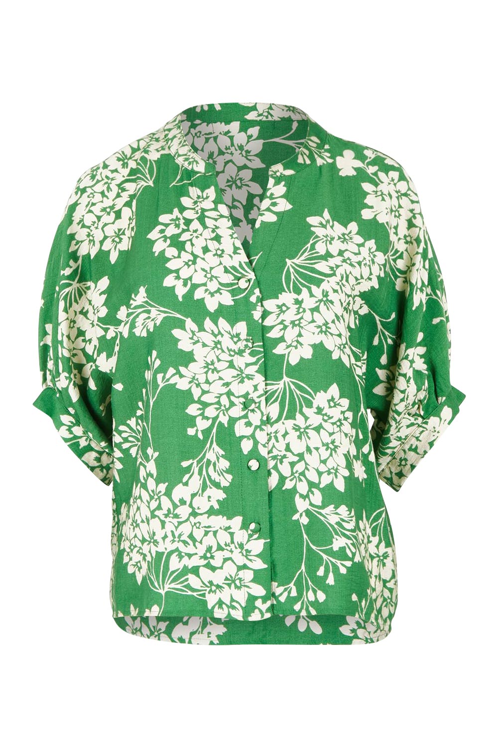 Product shot of The Dolman Sleeve Button Up Shirt in colour Greenbloom (Green), from the front
