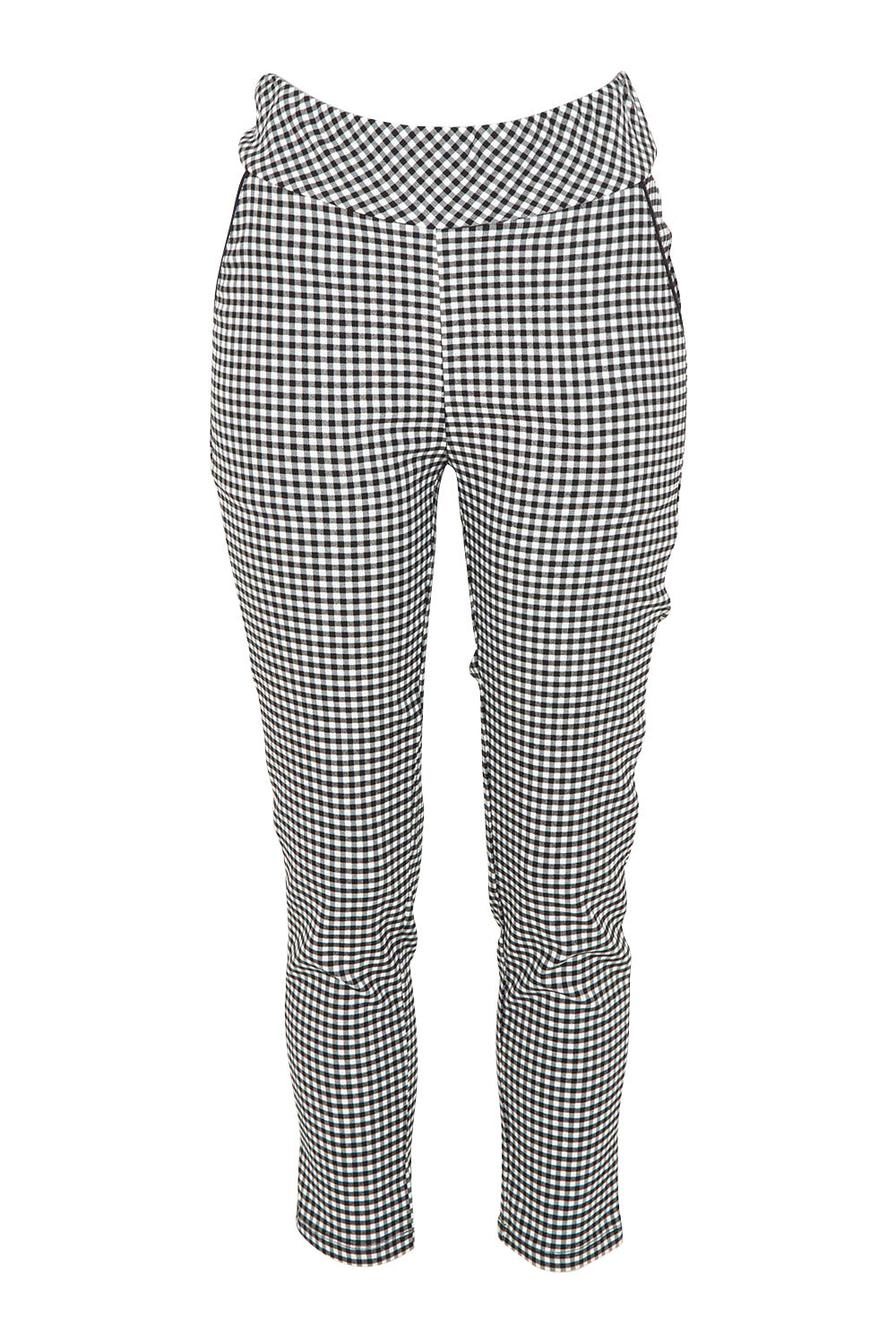 Product shot of The Cotton Stretch Gingham Pull On Pant in colour Blackwhite (Black), from the front