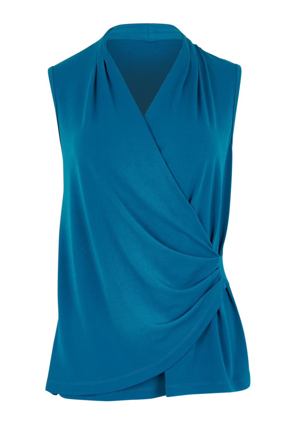 Product shot of The Sleeveless Crossover Top in colour Tealblue (Blue), from the front