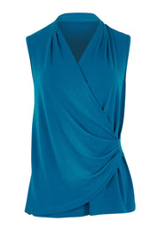 Product shot of The Sleeveless Crossover Top in colour Tealblue (Blue), from the front