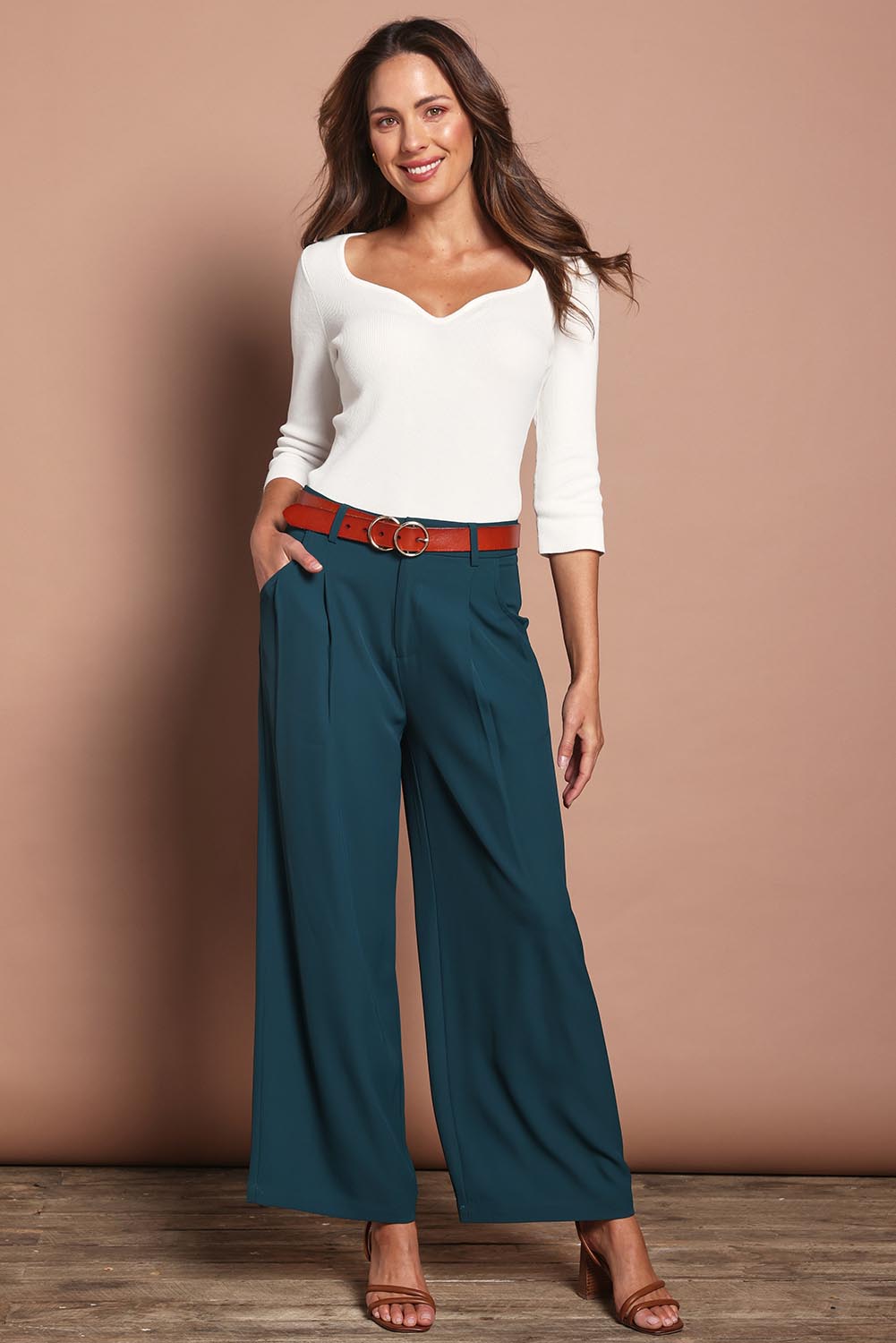 Model Madeline wearing size S of The Rib Knit Sweetheart Neck Top in colour Snow (White), from the front, showing the whole outfit