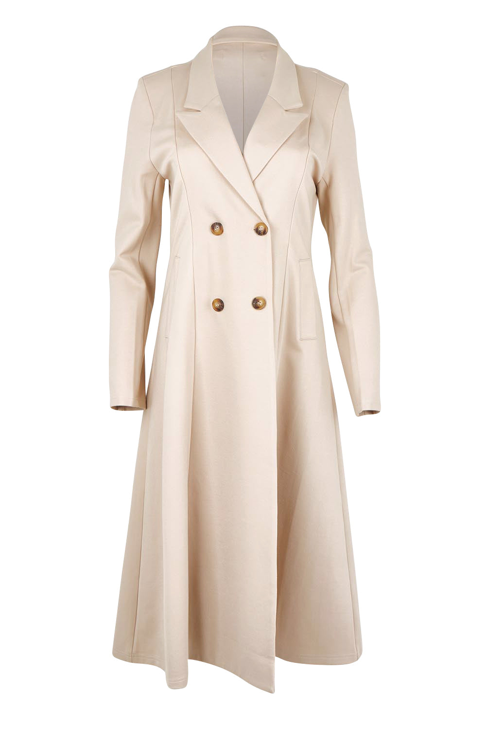 Product shot of the The Desire Longline Ponte Coat – Sand in colour Sand, from the front