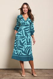 Model Madelinec wearing size 10 of the The Printed Wrap Dress - Abstract in colour Abstract, from the front