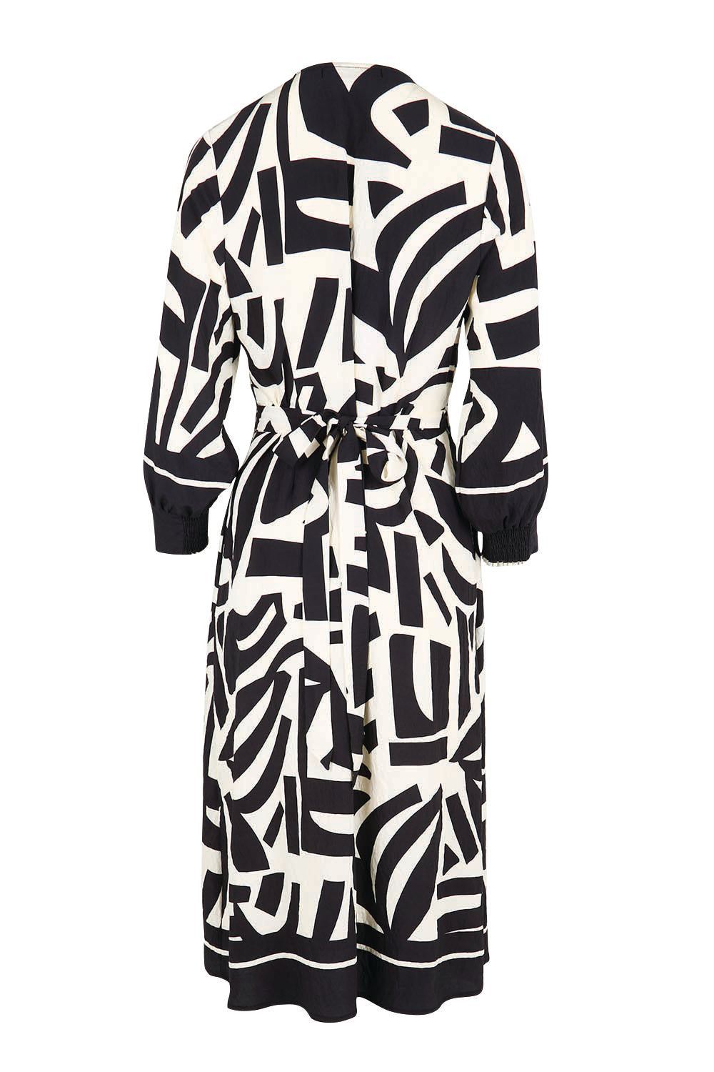 Product shot of the The Printed Wrap Dress - Blackabstract in colour Blackabstract, from the back