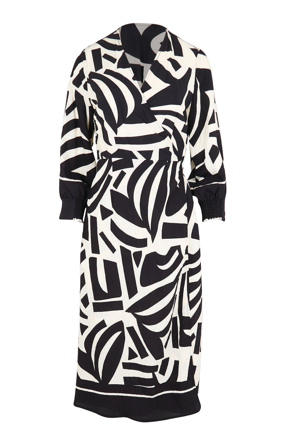Product shot of the The Printed Wrap Dress - Blackabstract in colour Blackabstract, from the front