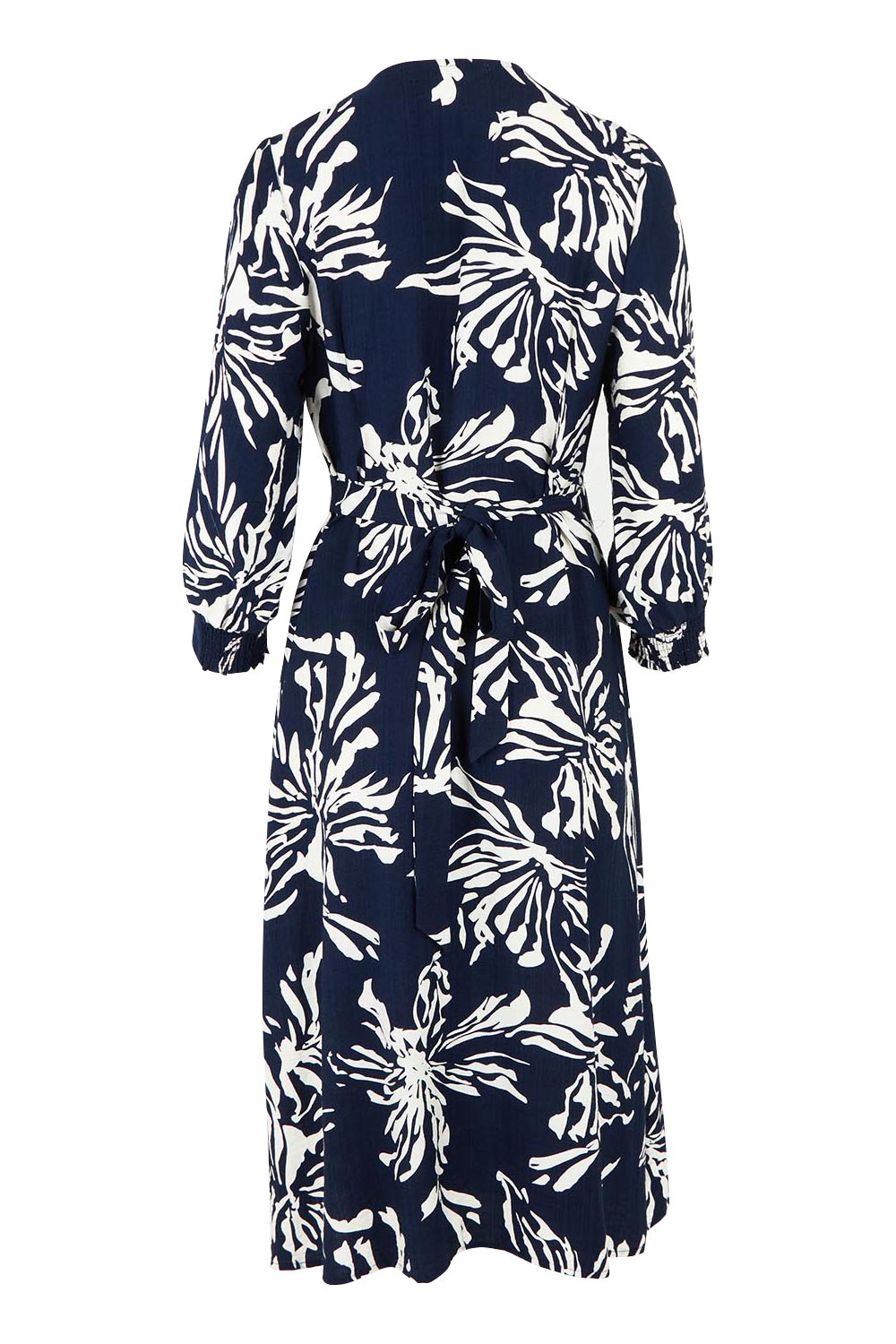 Product shot of The Printed Wrap Dress in colour Navyfleur (Blue), from the back