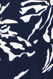 Product shot of The Printed Wrap Dress in colour Navyfleur (Blue), detail