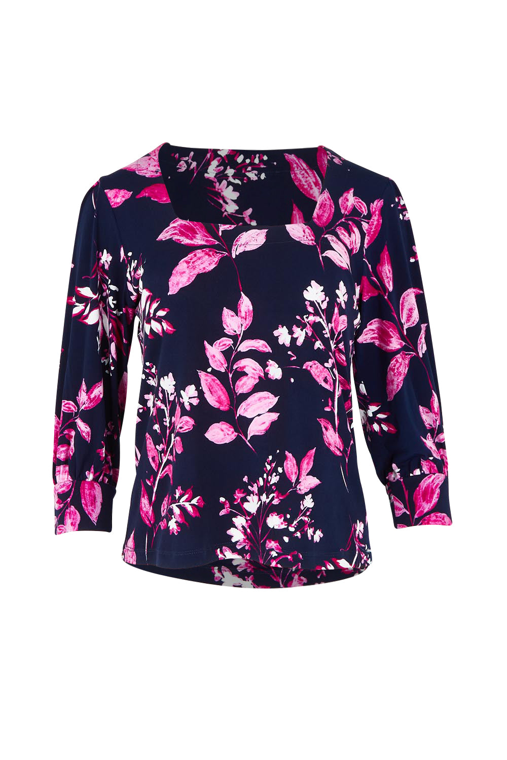 Product shot of The Printed Square Neck Blouse in colour Nightpetal (Blue), from the front