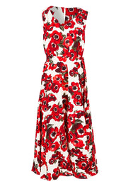 Product shot of The Printed V Neck Dress With Sash in colour Redfloral (Red), from the front
