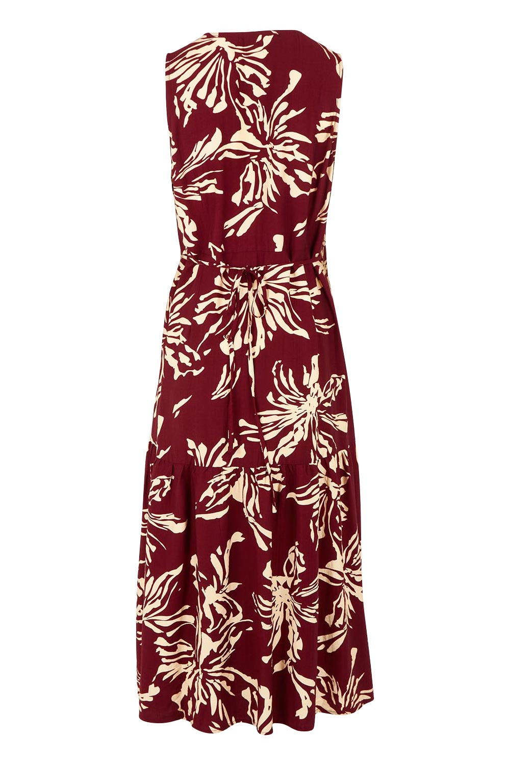 Product shot of The Printed Sleeveless Wrap Dress in colour Winefleur (Red), from the back