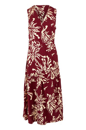 Product shot of The Printed Sleeveless Wrap Dress in colour Winefleur (Red), from the front