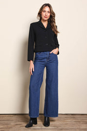 Model Madelinec wearing size 10 of the The Buttoned Blazer With Pocket Details – Black in colour Black, from the front