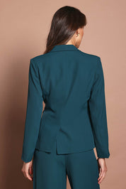 Model Madeline wearing size 10 of The Soft Suiting Lined Blazer in colour Darkteal (Green), from the back