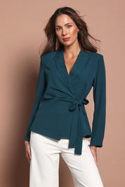 Model Madeline wearing size 10 of The Soft Suiting Lined Blazer in colour Darkteal (Green), from the front, cropped image